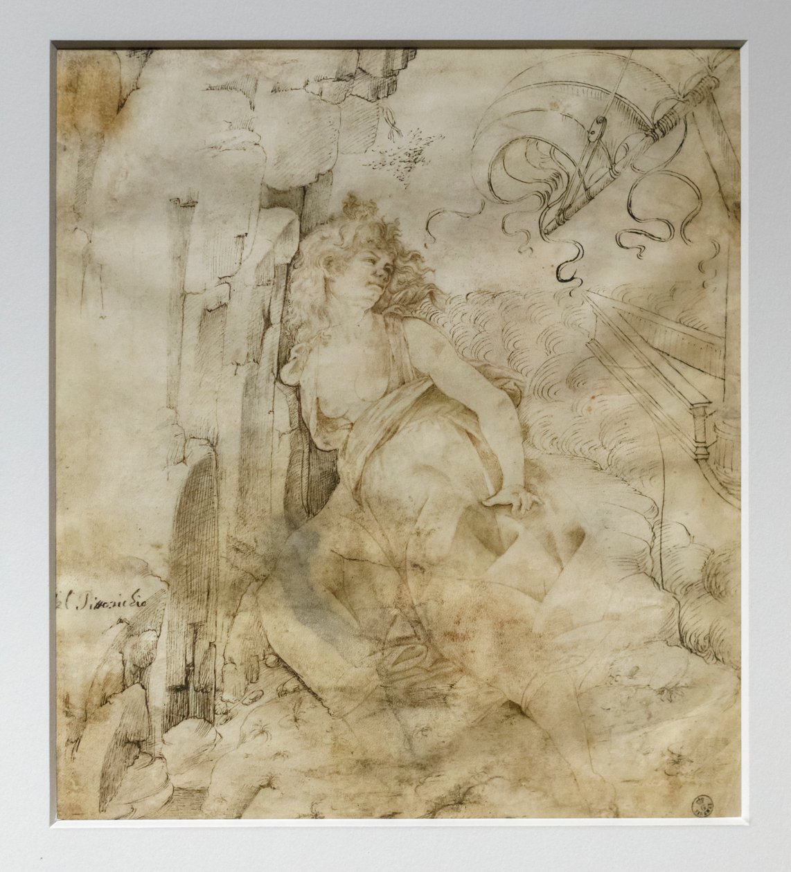 Mladá rozcuchaná žena na útesu, známá jako Ippo, kolem roku 1475 (pero a tuš na pergamenu) od Francesco di Giorgio Martini