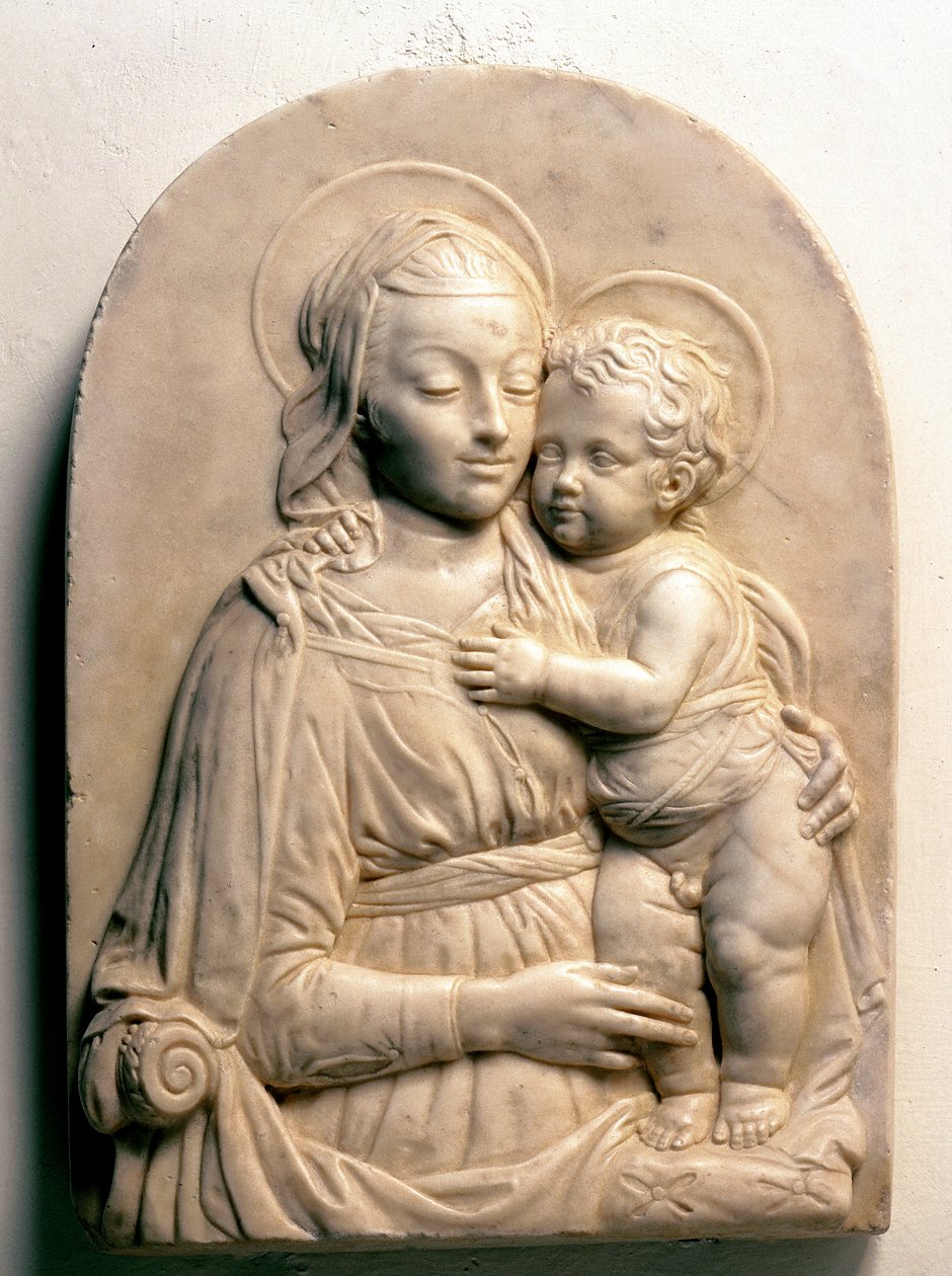 Panna s dítětem. Mramorový nízký reliéf od Francesco di Simone da Fiesole Ferrucci