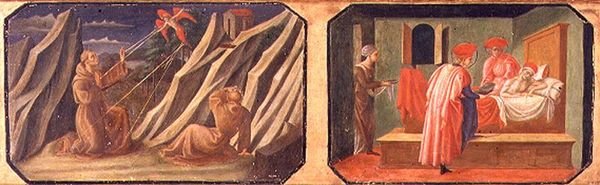 (LtoR) Sv. František z Assisi přijímající stigmata, SS. Kosmas a Damian uzdravení nemocného muže; kopie originálních panelů tvořících součást Predella k Madoně s dítětem na trůnu od Filippa Lippa od Francesco di Stefano Pesellino