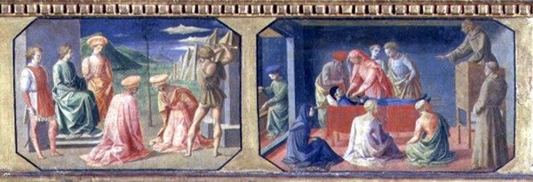 (LtoR) Umučení SS. Cosmas a Damian, svatý Antonín Paduánský nalézající srdce lakomců; dva panely z predely Madony s dítětem na trůnu od Filippa Lippiho (asi 1406-69) (tempera na pánvi od Francesco di Stefano Pesellino