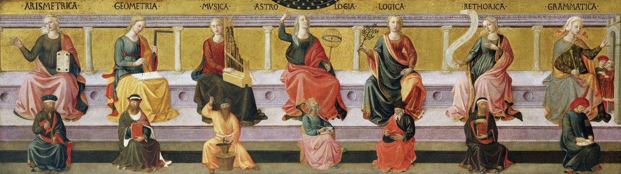 ""sedm svobodných umění"" (aritmetika, geometrie, hudba, astrologie, logika, rétorika a gramatika) Malba Francesca di Stefana Pesellina (1422-1457) cca 1450 Birmingham Museum of Art, Birmingham, Alabama Spojené státy ©DeAgostini/Leemage od Francesco di Stefano Pesellino