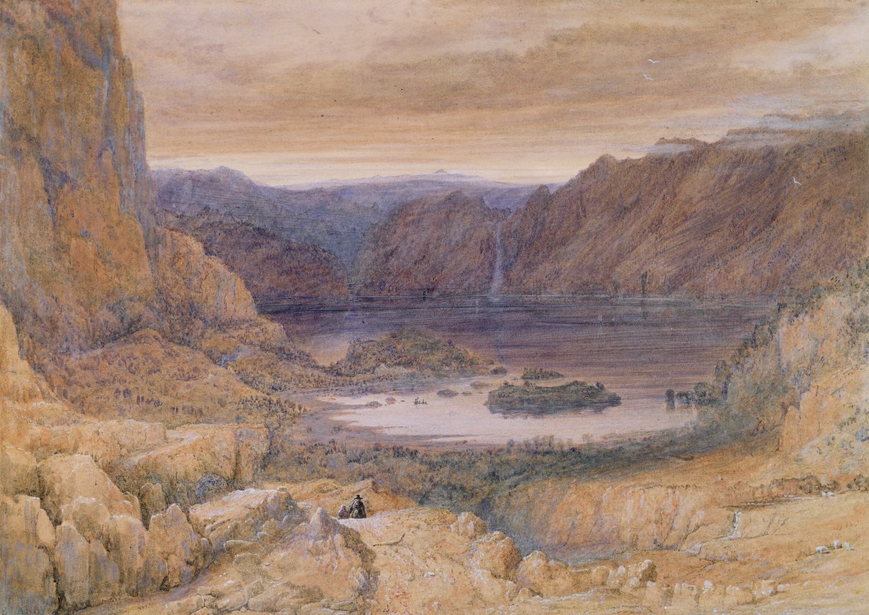 Horské jezero, Norsko, asi 1827 (kvaš a čb na papíře) od Francis Danby