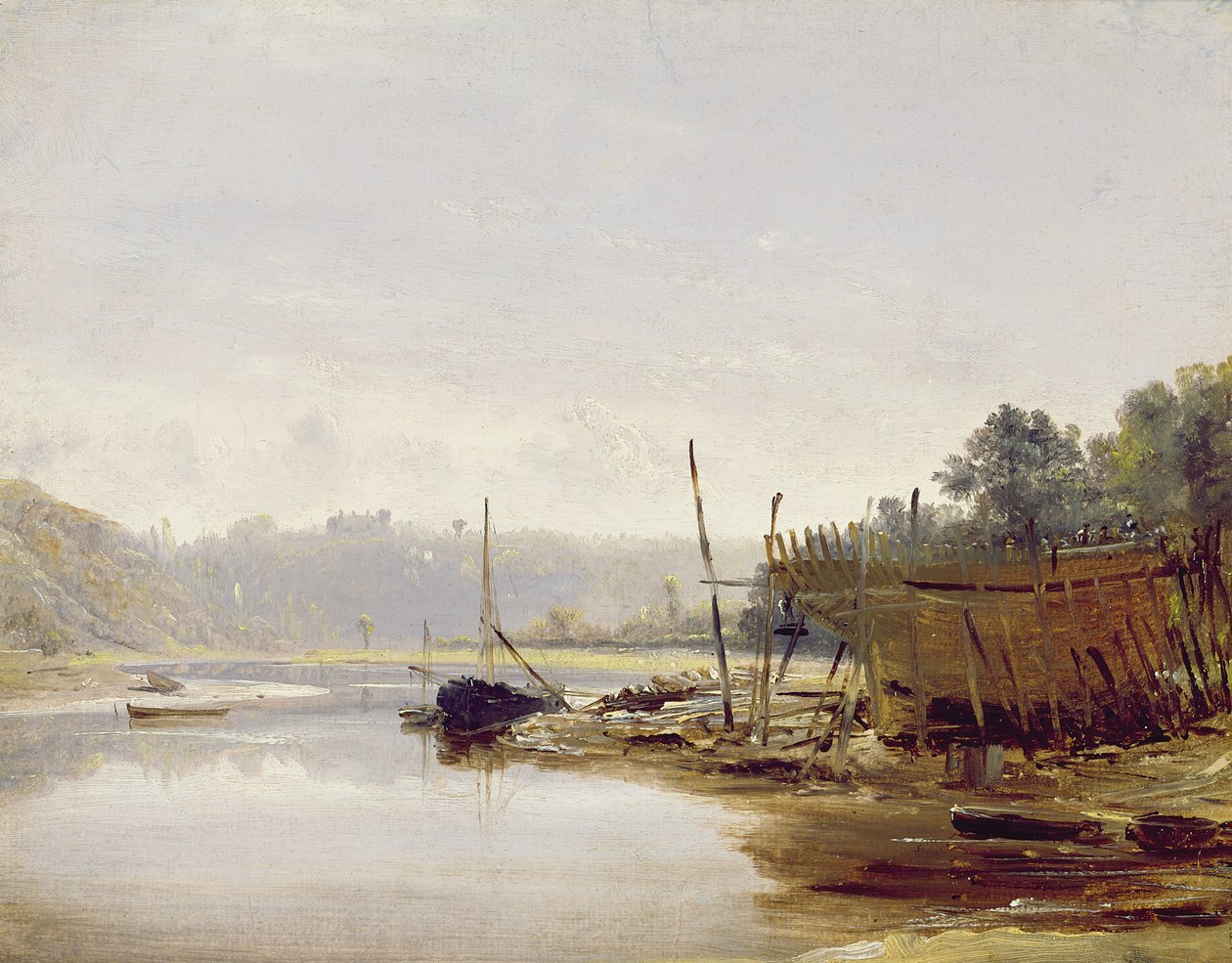 Stavba lodí poblíž Dinan, Bretaň, kolem roku 1838 (olej na papíře na panelu) od Francis Danby