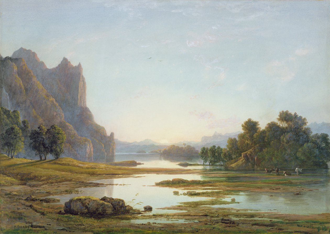 Západ slunce nad říční krajinou, cca 1840 (Wc s barvou těla přes grafit na papíře) od Francis Danby