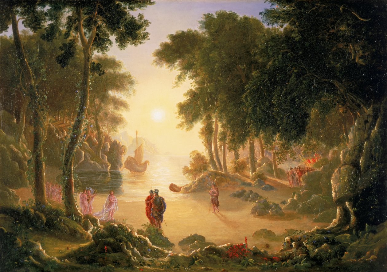 Telemachus, syn Odyssea, a bohyně Minerva s Calypso od Francis Danby