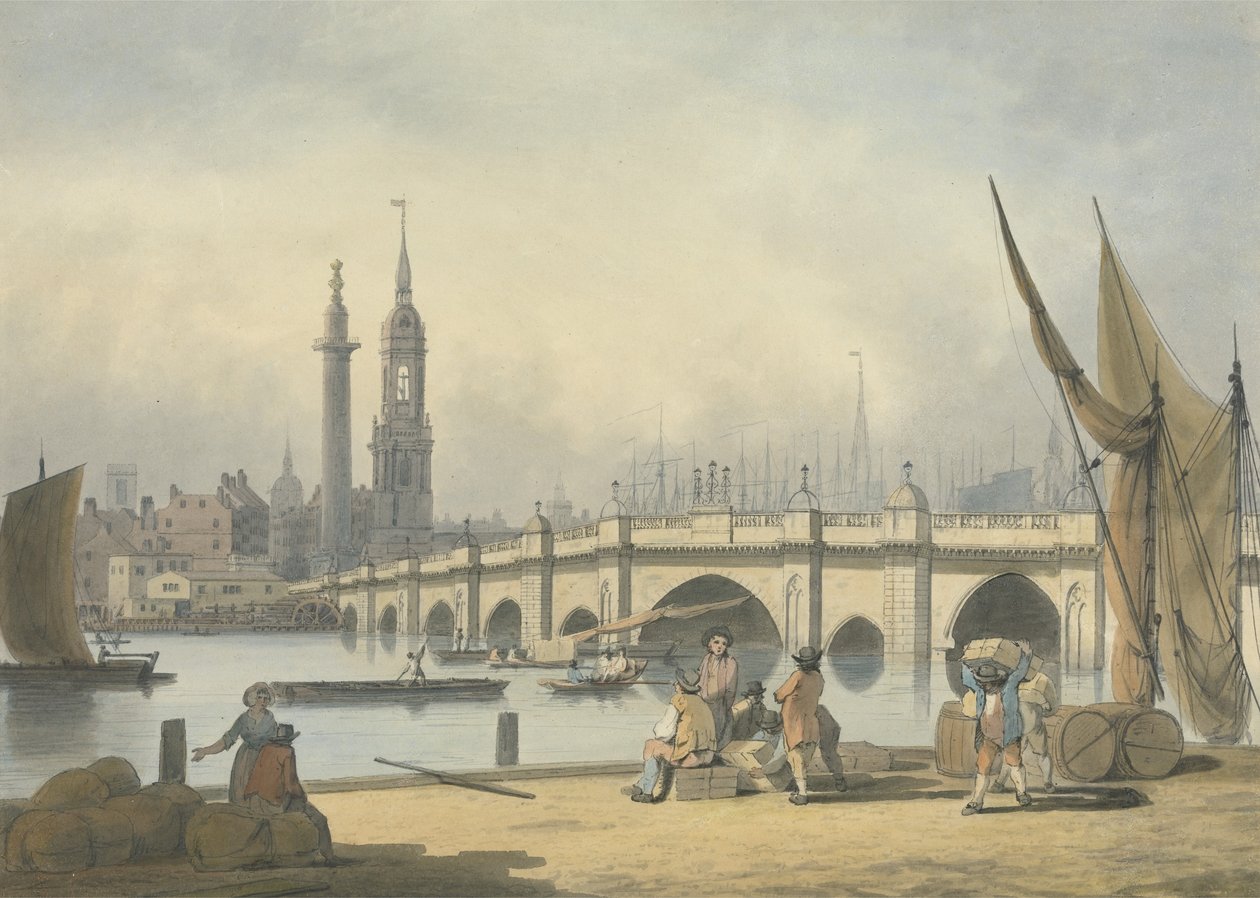 Londýnský most a památník, asi 1795 (grafit, tuš a inkoust na papíře) od Francis Nicholson