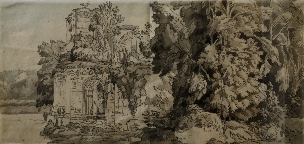 Netley Abbey (pero a tuš se smýváním na papíře) od Francis Towne