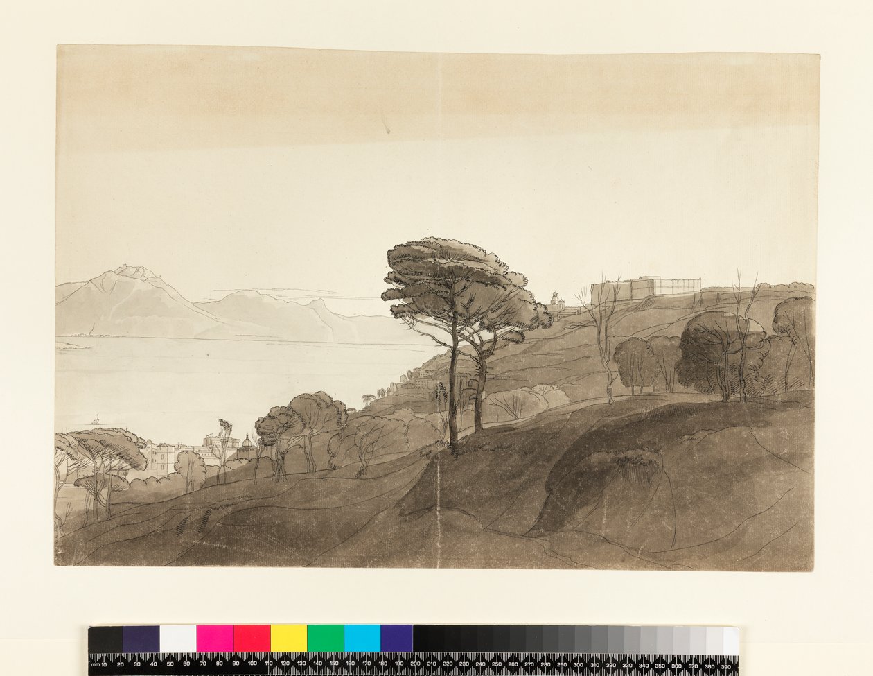 No.1621 Pohled na Neapolský záliv a horu Lactarius, 1781 (wc, inkoust a mytí na papíře) od Francis Towne