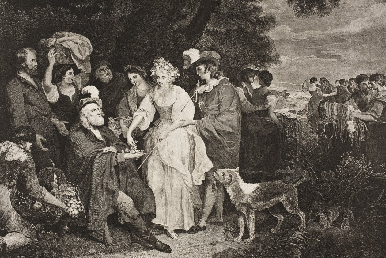 Před pastýřskou chaloupkou, dějství IV, scéna III, z „Zimní pohádky“, z galerie Boydell Shakespeare, vydané koncem 19. století od Francis Wheatley