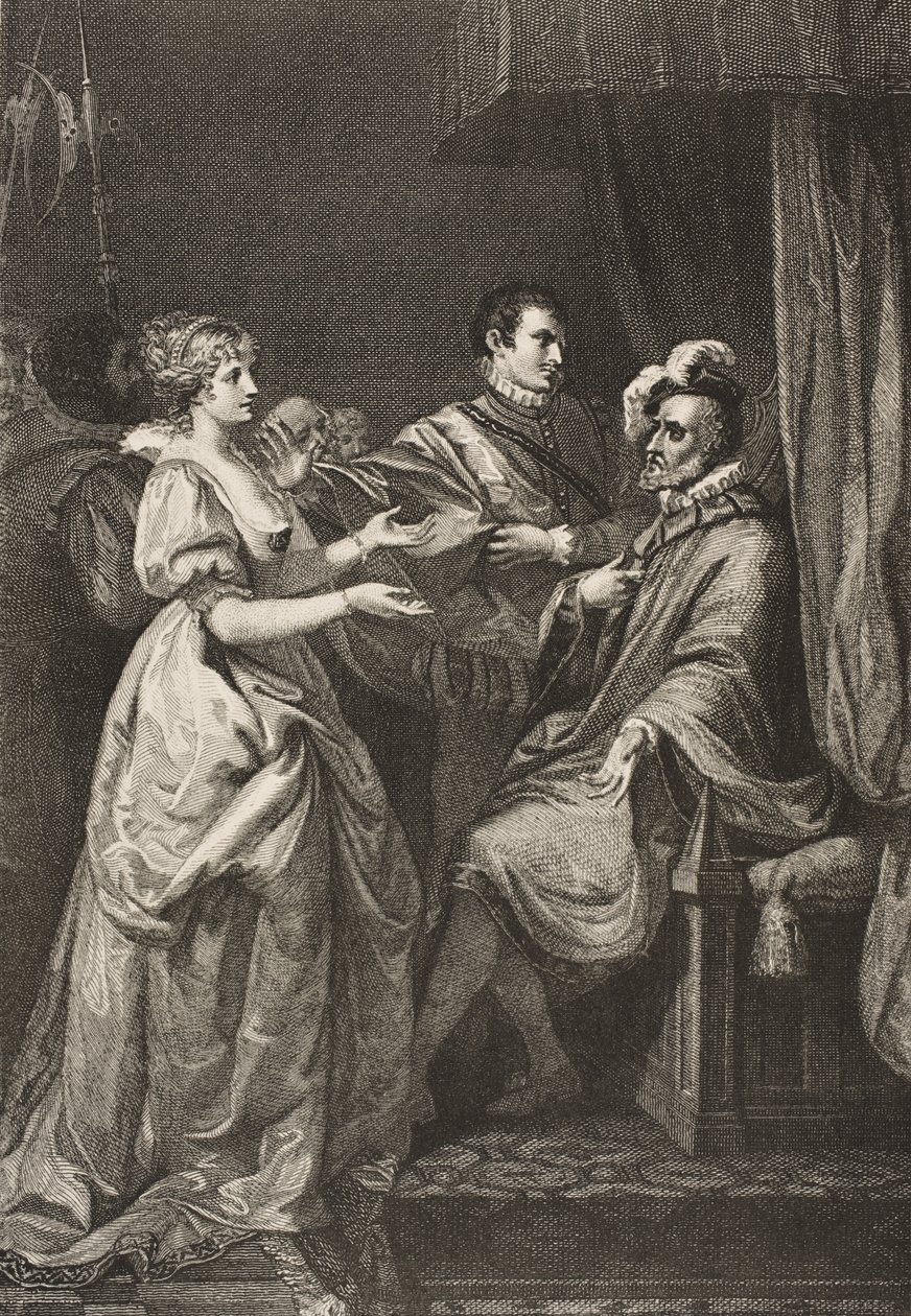 Paříž, královský palác, dějství II, scéna III, z „Všechno dobře, to končí dobře“, z The Boydell Shakespeare Gallery, vydané koncem 19. století od Francis Wheatley