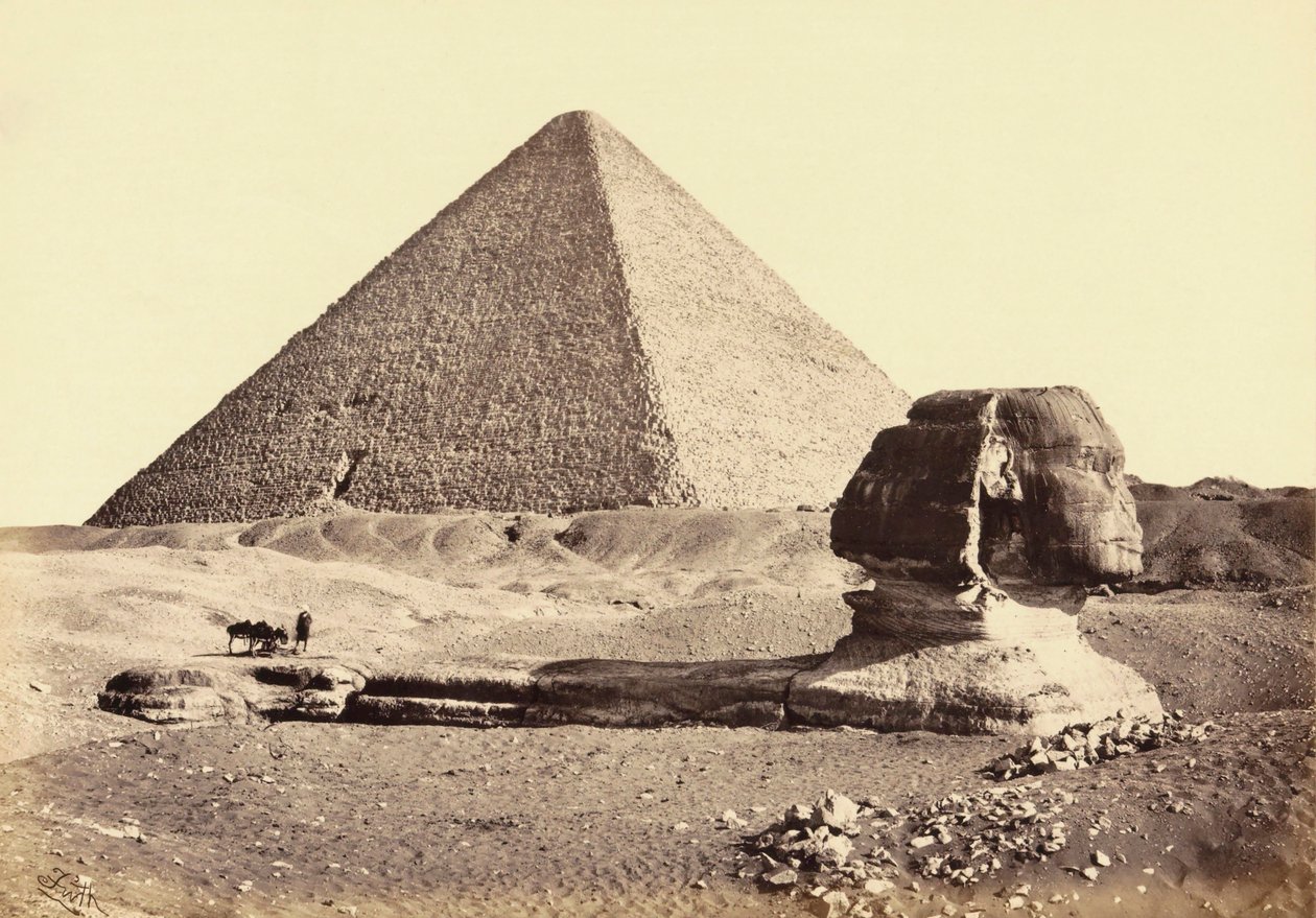 Velká pyramida v Gíze a Sfinga, Egypt. 19. století. od Francis (after) Frith