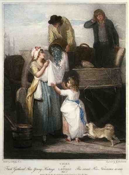 "Fresh Gathered Peas Young Hastings", deska 7 "The Cries of London", vyrytý Giovanni Vendramini (1769-1839), hospoda. od Colnaghi & Co. od Francis (after) Wheatley