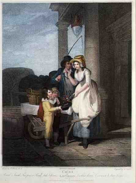 "Round and Sound, Five Pence a Pound, Duke Cherries", deska č. 8 knihy "The Cries of London", vyryl Anthony Cardon (1772-1813), vyd. Colnaghi & Co. od Francis (after) Wheatley