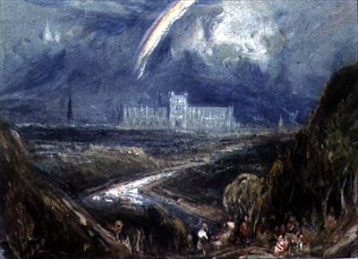 Pohled ze svahu na vzdálené město a katedrálu (pravděpodobně Exeter) s řekou v popředí. od Francis Abel William Taylor Armstrong