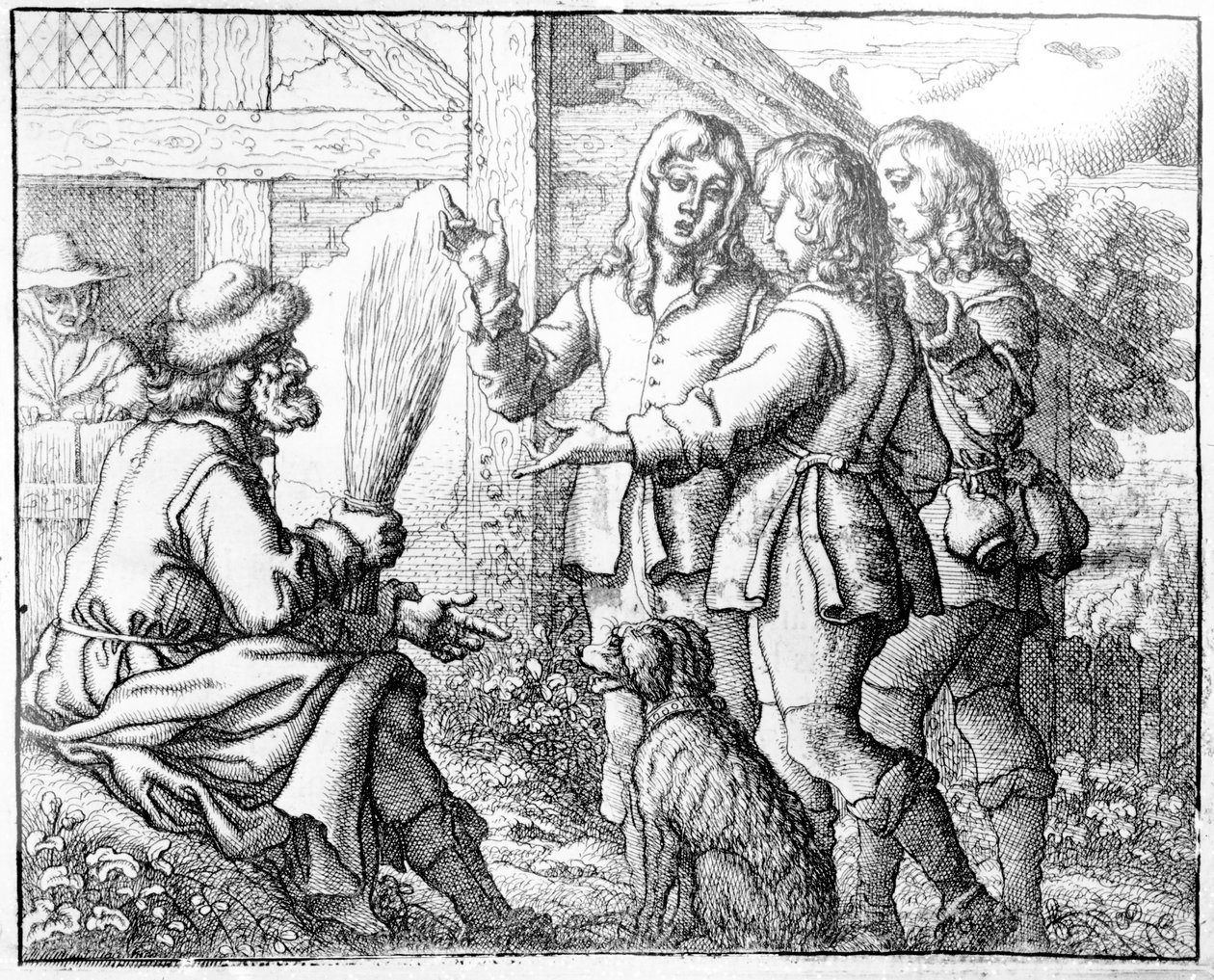 Stařec a jeho synové, ilustrace z „Ezopových bajek“, 1666 (lept) od Francis Barlow