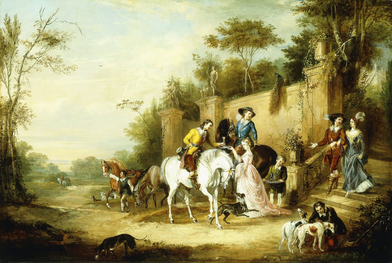 Hawking Party vycházející ze schodů venkovského domu, 1828 od Francis Calcraft Turner