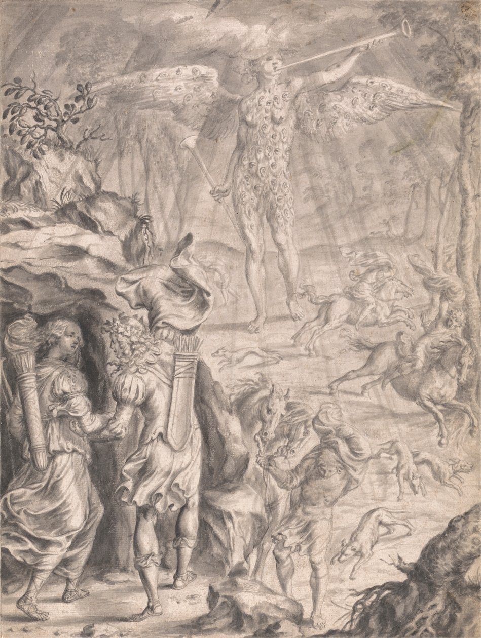 Dido a Aeneas se ukrývají v jeskyni od Francis Cleyn