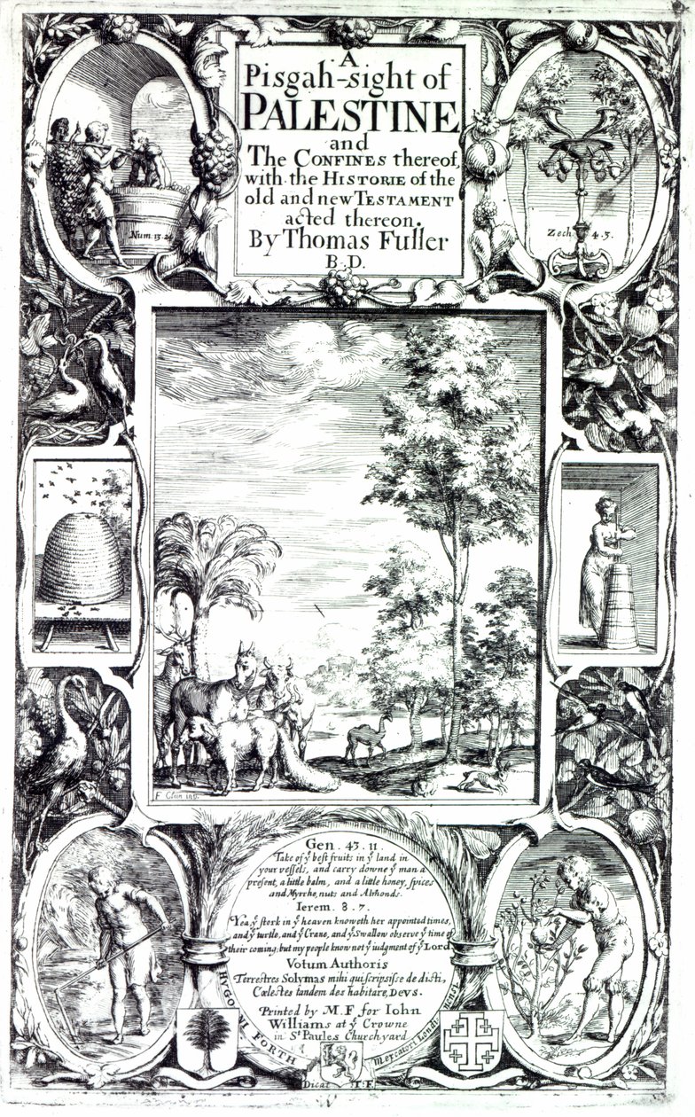 Titulní strana k „Pisgah-sight of Palestine“ od Thomase Fullera vydané v roce 1650 od Francis Cleyn