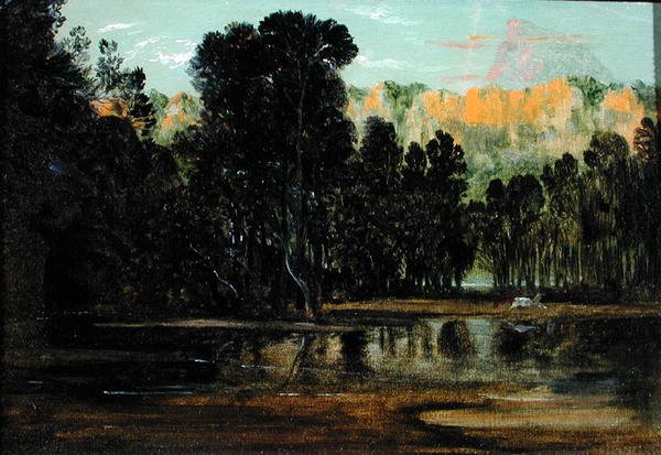 Zalesněná krajina při západu slunce (olej na papíře na plátně) od Francis Danby
