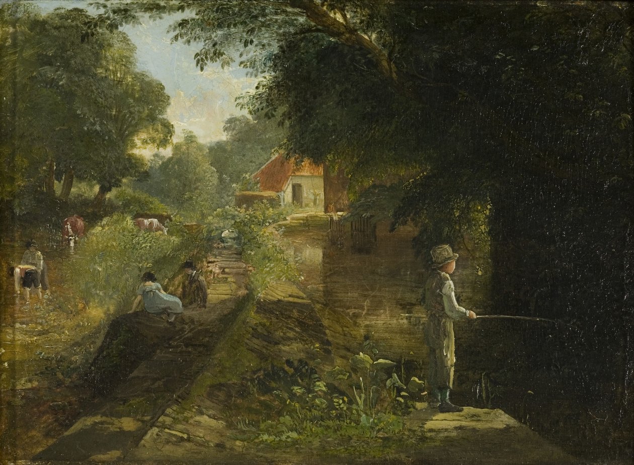 Boy Fishing, Stapleton, c. 1822-23 (olej na kartě položené na panelu) od Francis Danby