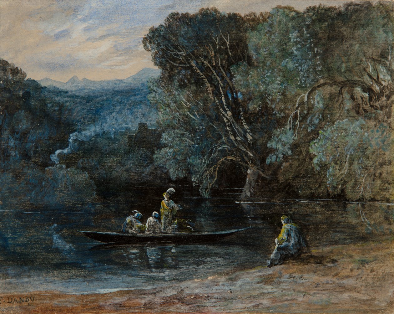 Říční scéna s lodí a postavami, kolem roku 1825 od Francis Danby