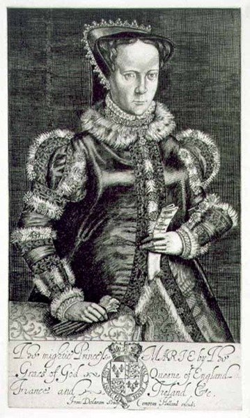 Portrét Marie I. (1516-58) držící prosbu Thomase Hongara, rytý umělcem, hospoda. od Comptona Hollanda (rytina) od Francis Delaram