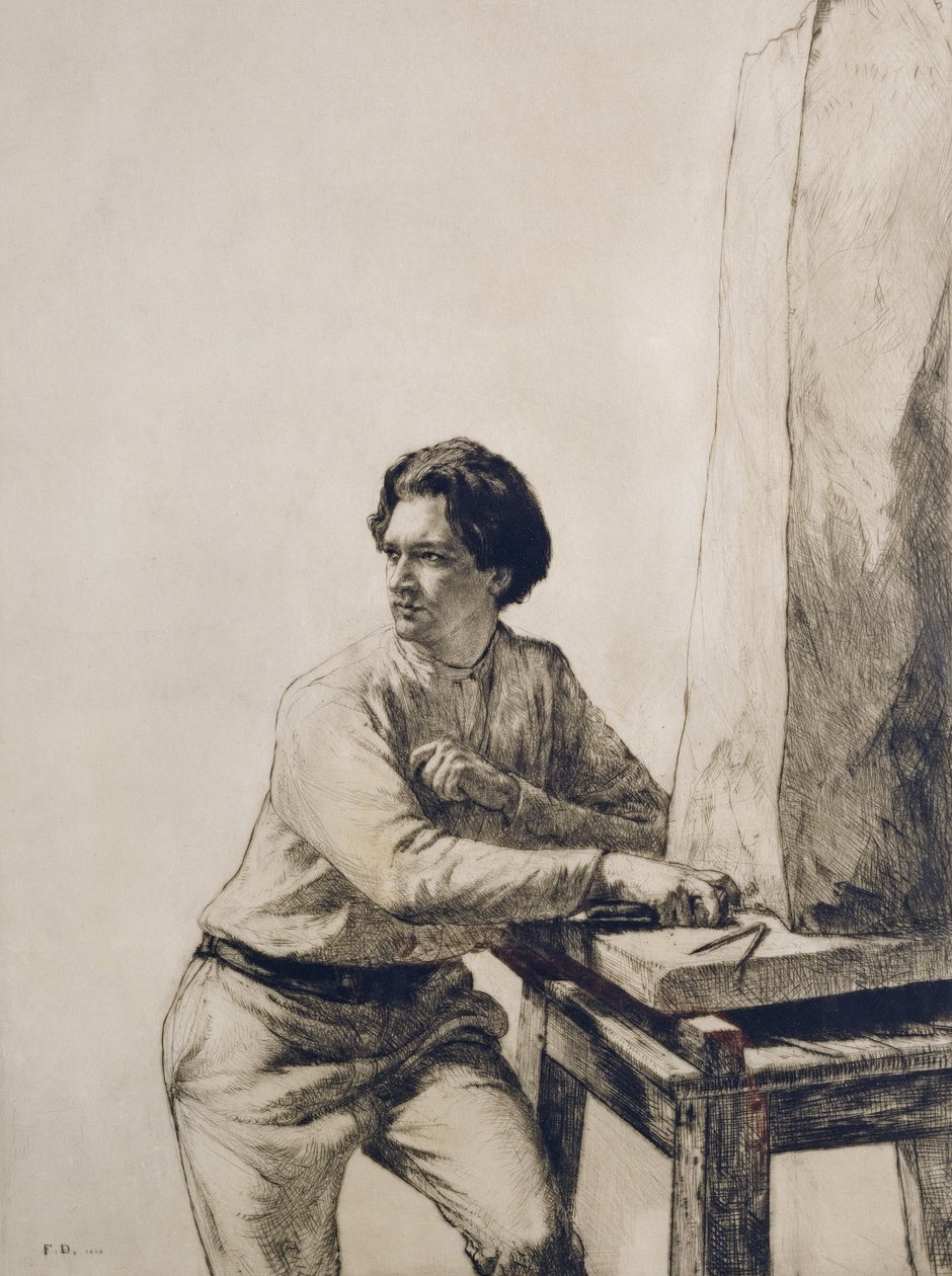 Portrét Jacoba Epsteina (1880-1959) 1909 (suchá jehla lept tmavě hnědým inkoustem) od Francis Dodd