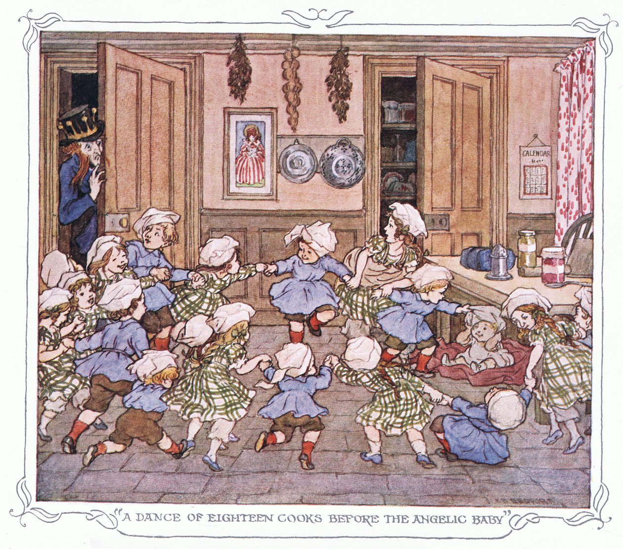 "Tanec osmnácti kuchařů před andělským dítětem", z knihy The Magic Fishbone pub.by Warne  Co, cca 1940 (barevná litografie) od Francis Donkin Bedford