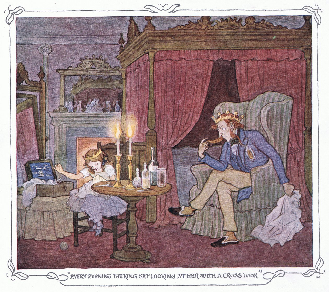 Každý večer na ni král seděl a díval se na ni s křížkem po funuse, z knihy The Magic Fishbone pub.by Warne  Co, cca 1940 (barevná litografie). od Francis Donkin Bedford