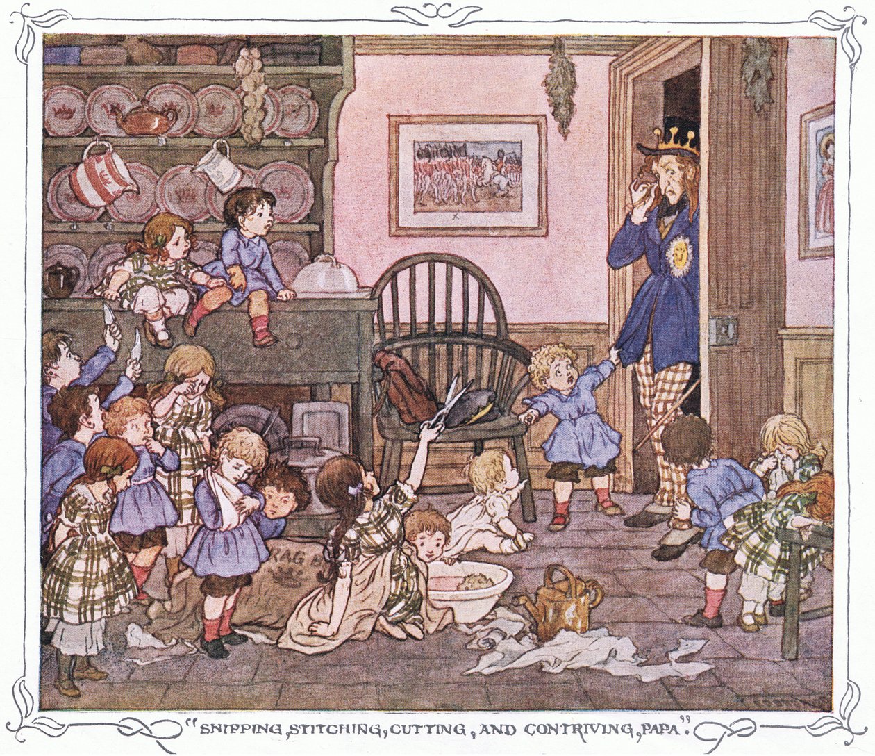 "Stříhání, sešívání, stříhání a vymýšlení, tati", z knihy The Magic Fishbone pub.by Warne  Co, cca 1940 (barevná litografie) od Francis Donkin Bedford