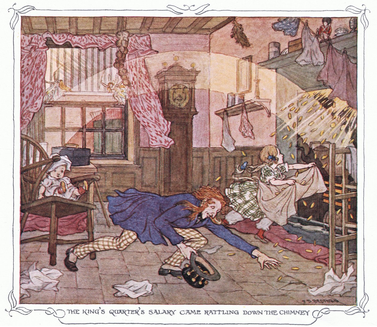 Královský plat vyletěl komínem, z knihy The Magic Fishbone pub.by Warne  Co, cca 1940 (barevná litografie). od Francis Donkin Bedford