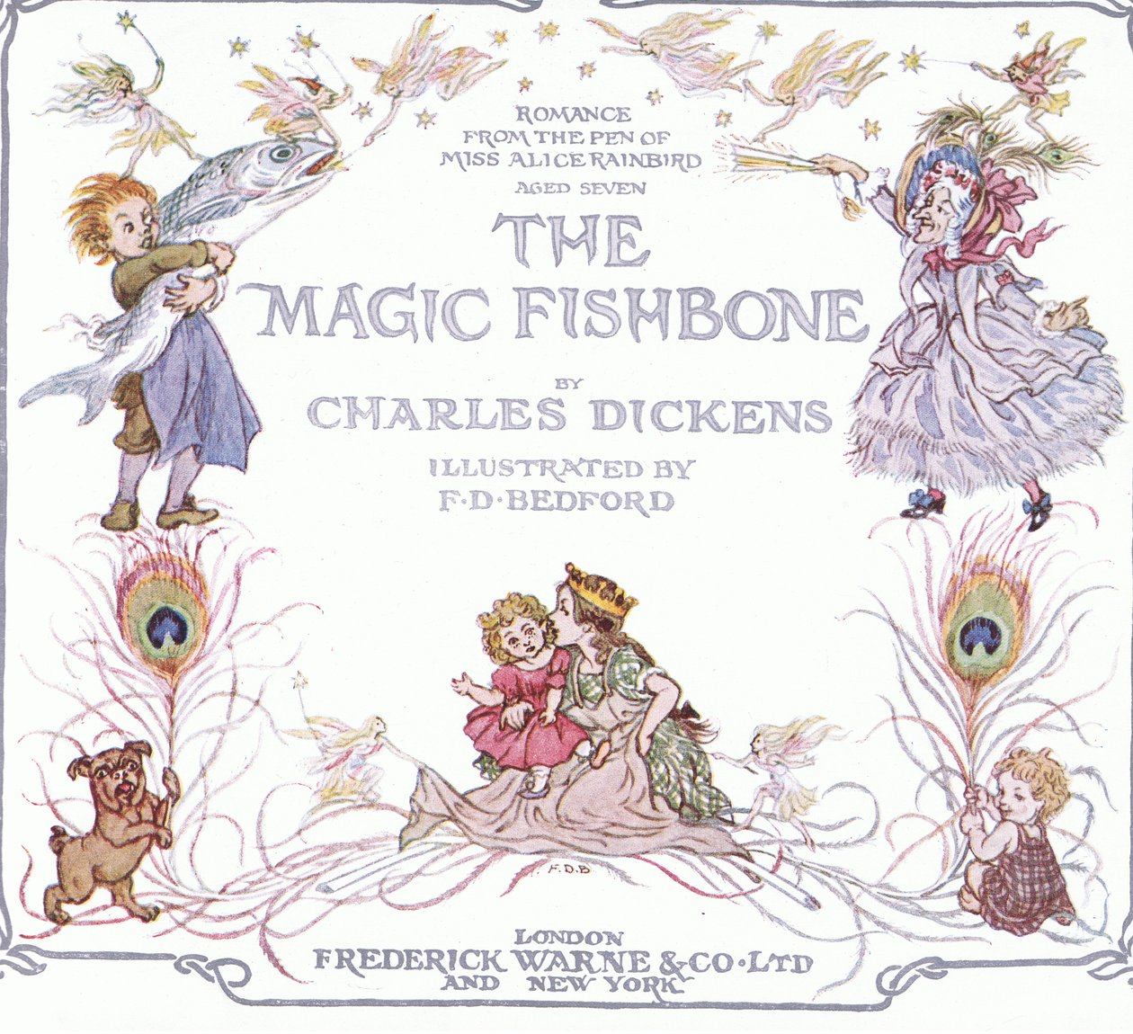Titulní strana z knihy The Magic Fishbone vydavatelství Warne  Co, cca 1940 (barevná litografie) od Francis Donkin Bedford