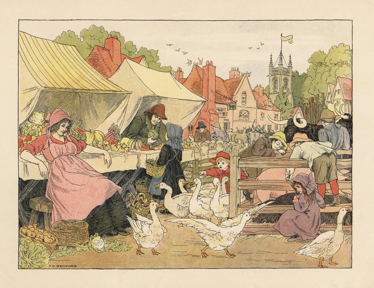 Viktoriánské děti nakupují zeleninu, honí husy a šťouchají do prasat na vesnickém trhu. Chromolitografie podle ilustrace Francise Donkina Bedforda z knihy Edwarda Verralla Lucase The Book of Shops. od Francis Donkin Bedford