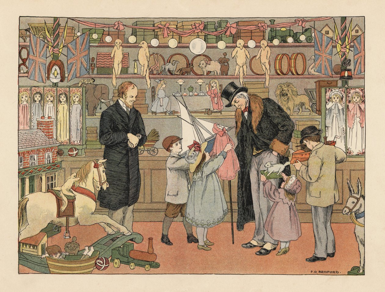 Viktoriánské děti vybírají se svým strýcem hračky v hračkářství. Chromolitografie podle ilustrace Francise Donkina Bedforda z knihy Edwarda Verralla Lucase The Book of Shops. od Francis Donkin Bedford