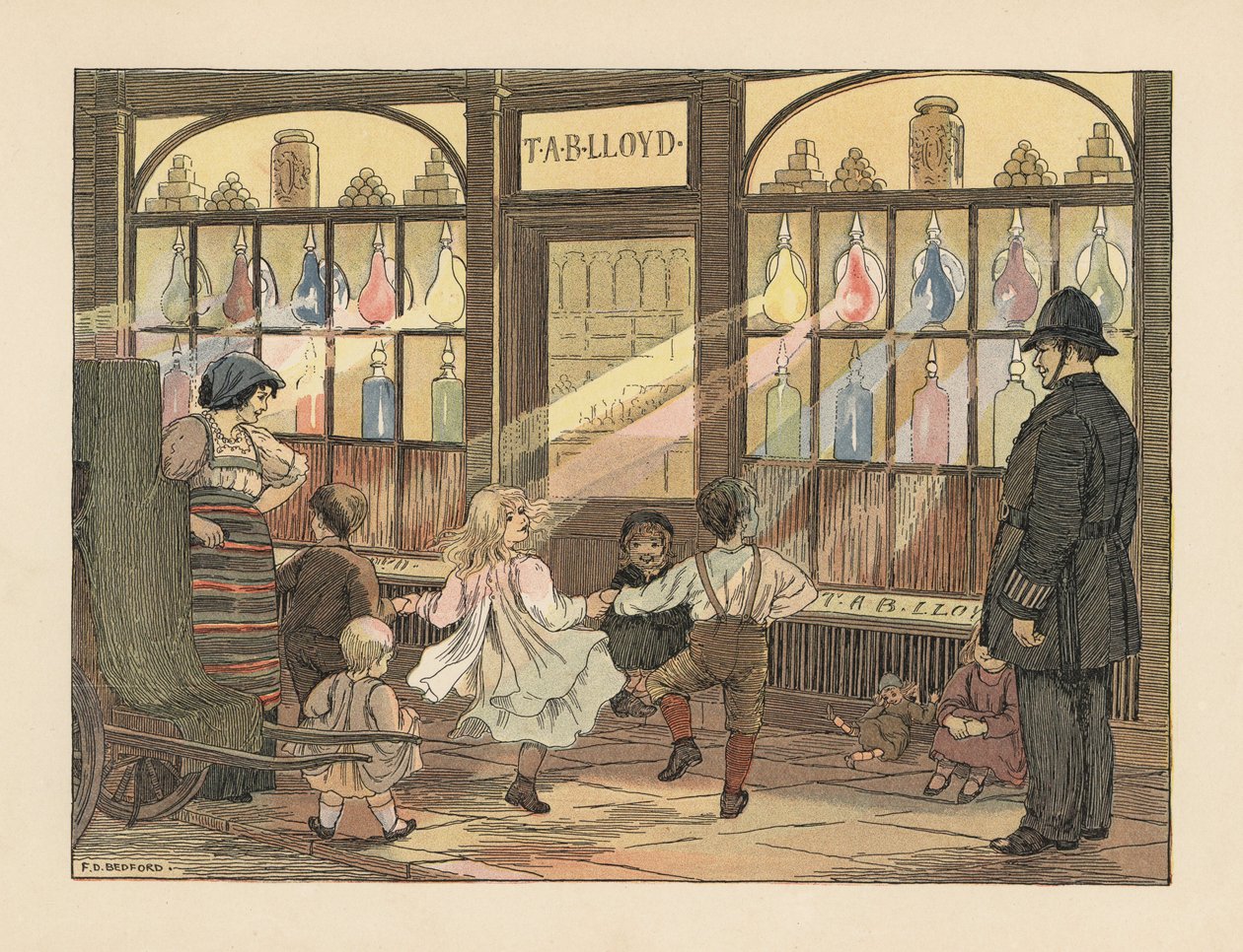 Viktoriánské děti tančí před lékárnou a policista je pozoruje. Chromolitografie podle ilustrace Francise Donkina Bedforda z knihy Edwarda Verralla Lucase The Book of Shops. od Francis Donkin Bedford