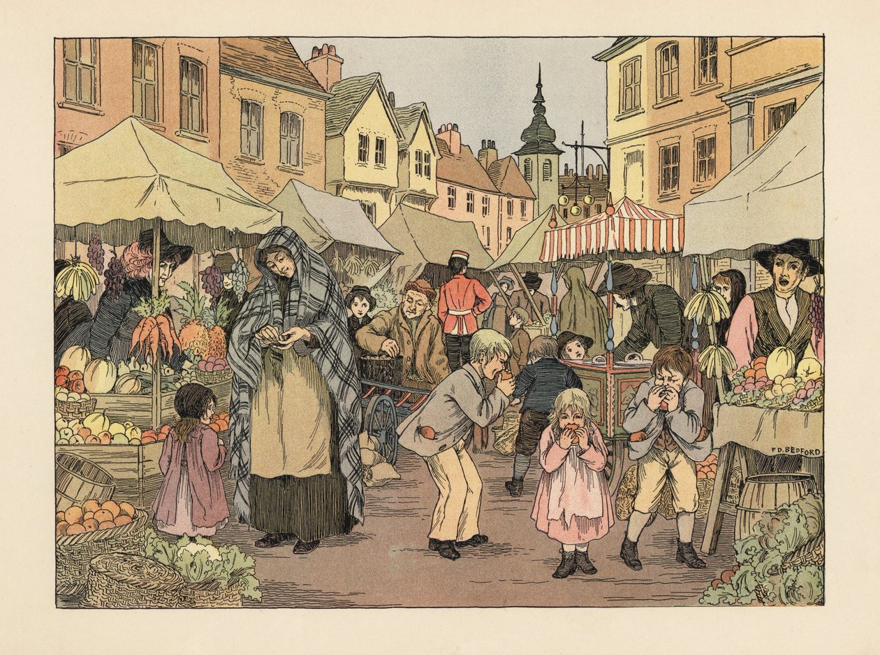 Viktoriánské děti jedí pomeranče za drobné ze stánků s ovocem a zeleninou na trhu v londýnském East Endu. Chromolitografie podle ilustrace Francise Donkina Bedforda z knihy Edwarda Verralla Lucase The Book of Shops. od Francis Donkin Bedford