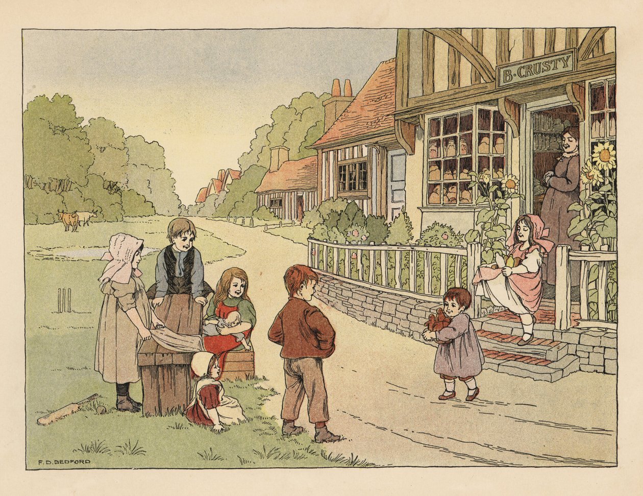 Viktoriánské děti před vesnickou pekárnou B. Crusty. Chromolitografie podle ilustrace Francise Donkina Bedforda z knihy Edwarda Verralla Lucase The Book of Shops. od Francis Donkin Bedford