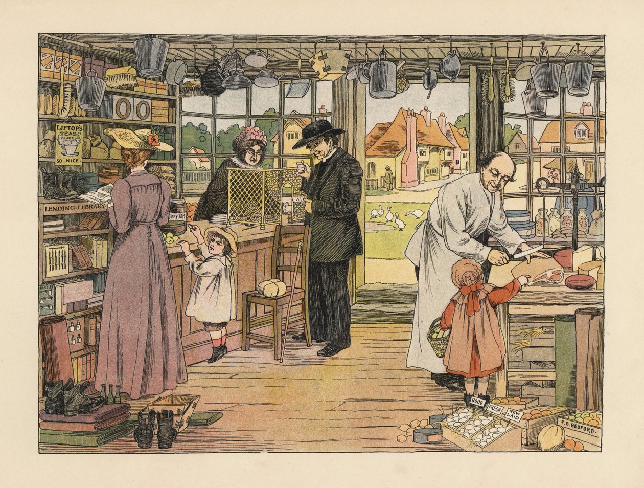 Viktoriánští zákazníci nakupující ve vesnickém obchodě šunku, knihy a poštovní poukázky. Chromolitografie podle ilustrace Francise Donkina Bedforda z knihy Edwarda Verralla Lucase The Book of Shops. od Francis Donkin Bedford