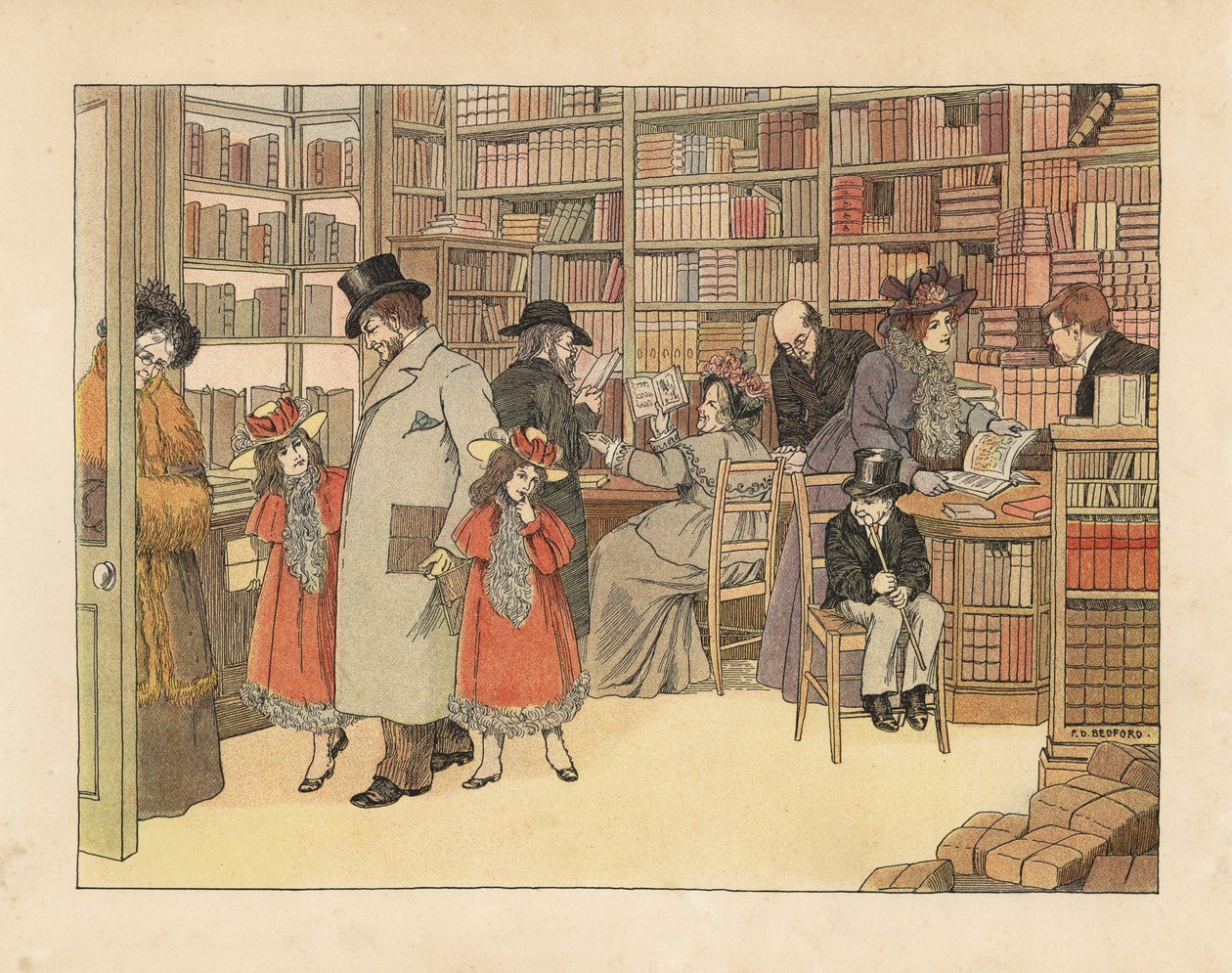 Viktoriánští zákazníci v knihkupectví. Chromolitografie podle ilustrace Francise Dorkina Bedforda z knihy Edwarda Verralla Lucase The Book of Shops, Grant Richards, Londýn. od Francis Donkin Bedford