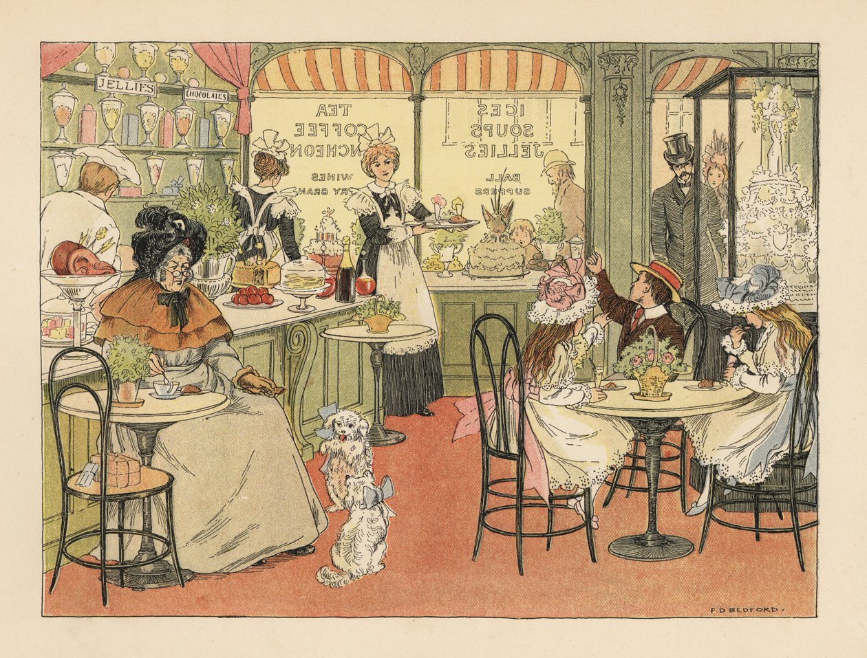 Viktoriánští zákazníci v čajovně a cukrárně. Chromolitografie podle ilustrace Francise Donkina Bedforda z knihy Edwarda Verralla Lucase The Book of Shops. od Francis Donkin Bedford