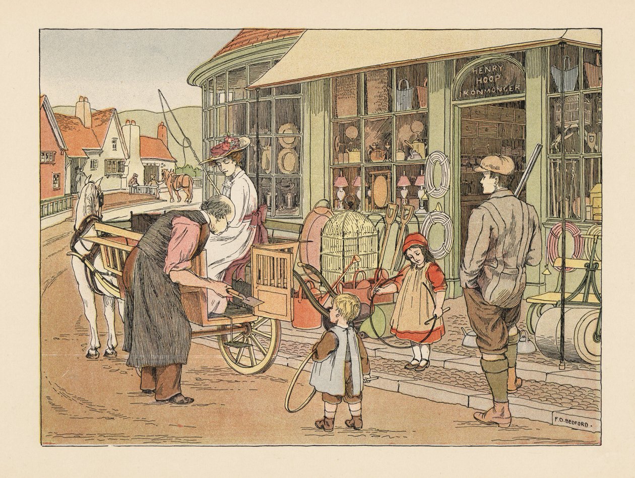 Viktoriánská rodina u vesnického železáře Henryho Hoopa. Chromolitografie podle ilustrace Francise Donkina Bedforda z knihy Edwarda Verralla Lucase The Book of Shops. od Francis Donkin Bedford