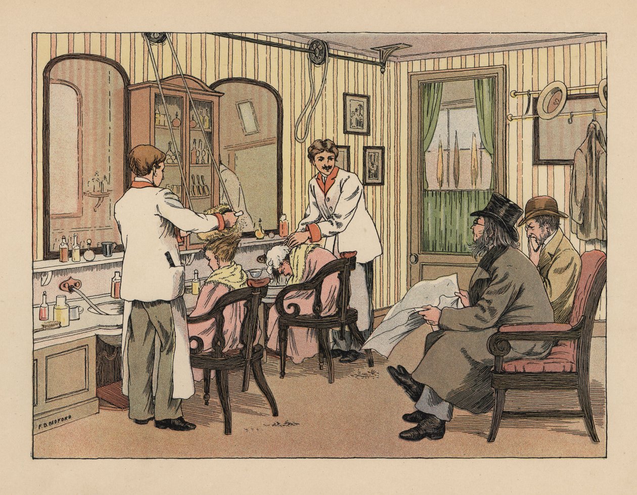 Viktoriánští pánové si v holičství nechávají mýt vlasy šamponem a upravovat je strojkem. Chromolitografie podle ilustrace Francise Donkina Bedforda z knihy Edwarda Verralla Lucase The Book of Shops. od Francis Donkin Bedford