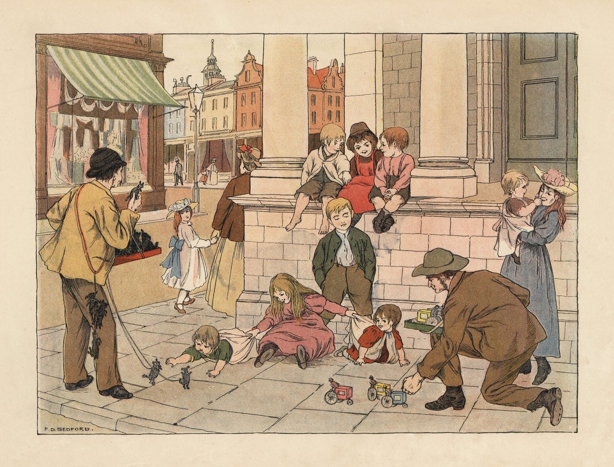 Viktoriánští obchodníci s obrubníky prodávají dětem na londýnské ulici hračky za drobné. Chromolitografie podle ilustrace Francise Donkina Bedforda z knihy Edwarda Verralla Lucase The Book of Shops. od Francis Donkin Bedford
