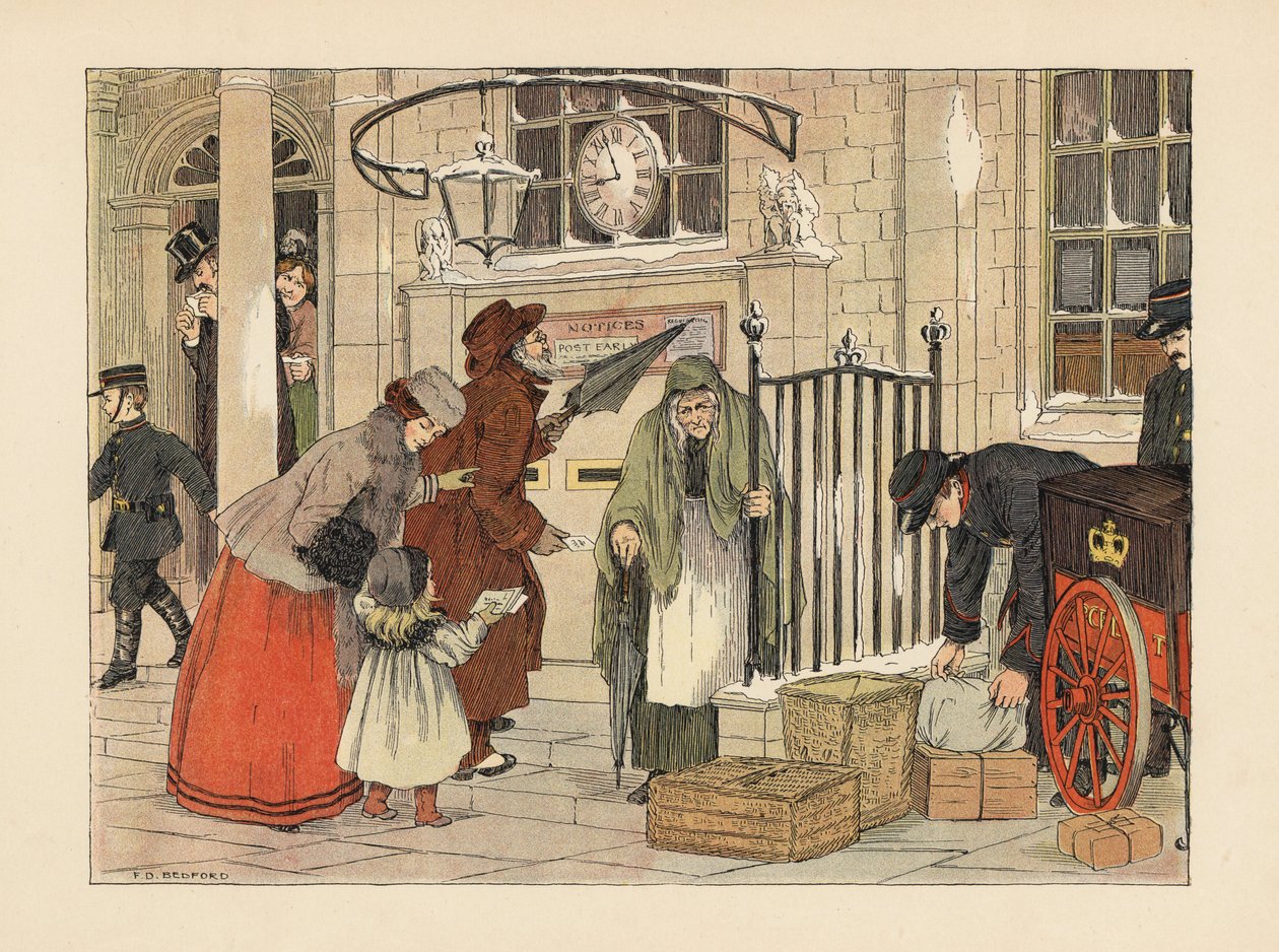 Viktoriánští lidé odesílají dopisy na poště v blízkosti Štědrého dne. Chromolitografie podle ilustrace Francise Donkina Bedforda z knihy Edwarda Verralla Lucase The Book of Shops. od Francis Donkin Bedford