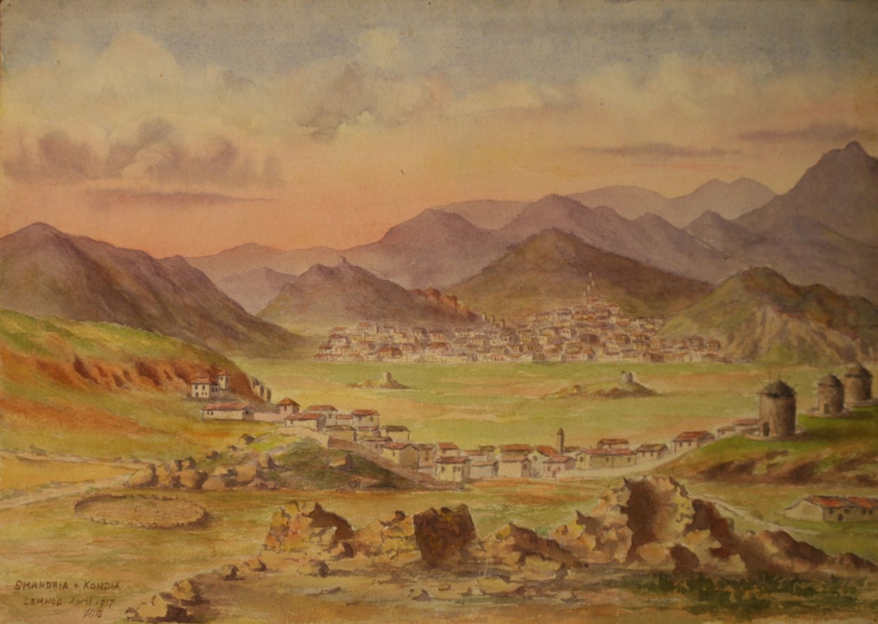 Pohled na Smandrii a Kondii na ostrově Lemnos, Řecko, duben 1917 (akvarel na papíře) od Francis Doveton Bridges