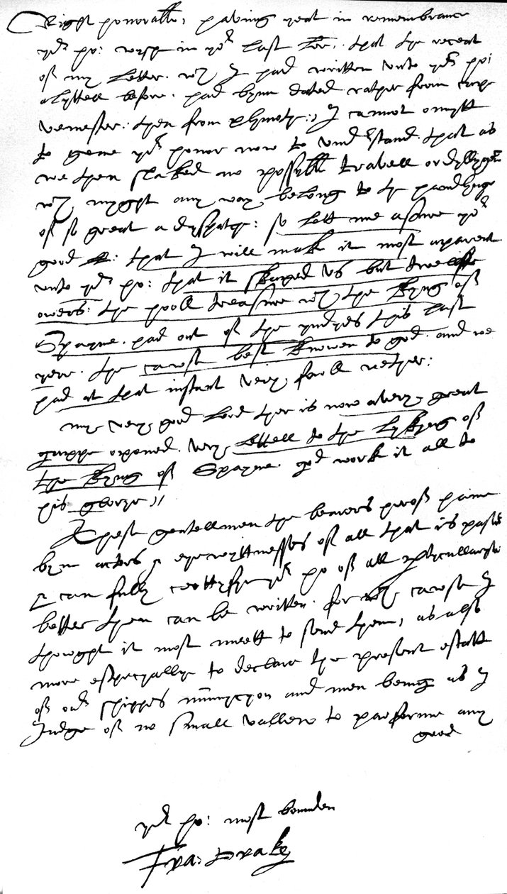 Dopis Williamu Cecilovi, lordu Burghleymu, lordu vrchnímu pokladníkovi, napsaný na palubě jeho vlajkové lodi „Elizabeth Bonaventure“ v Plymouthu, 26. července 1586 (pero a inkoust na papíře) od Francis Drake
