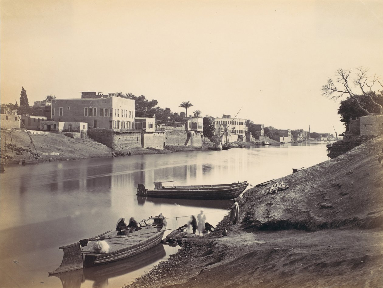 Břehy Nilu v Káhiře, ca. 1857, tištěná 70. léta 19. století. od Francis Frith