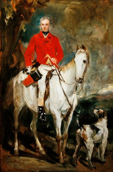 Studie k obrazu "Charles Trelawny, Esq., Master of the Dartmoor Hunt, na svém oblíbeném lovci Grimaldim, s ohaři Conqueror, Lounger a Windermere", asi 1863 (olej na plátně) od Francis Grant