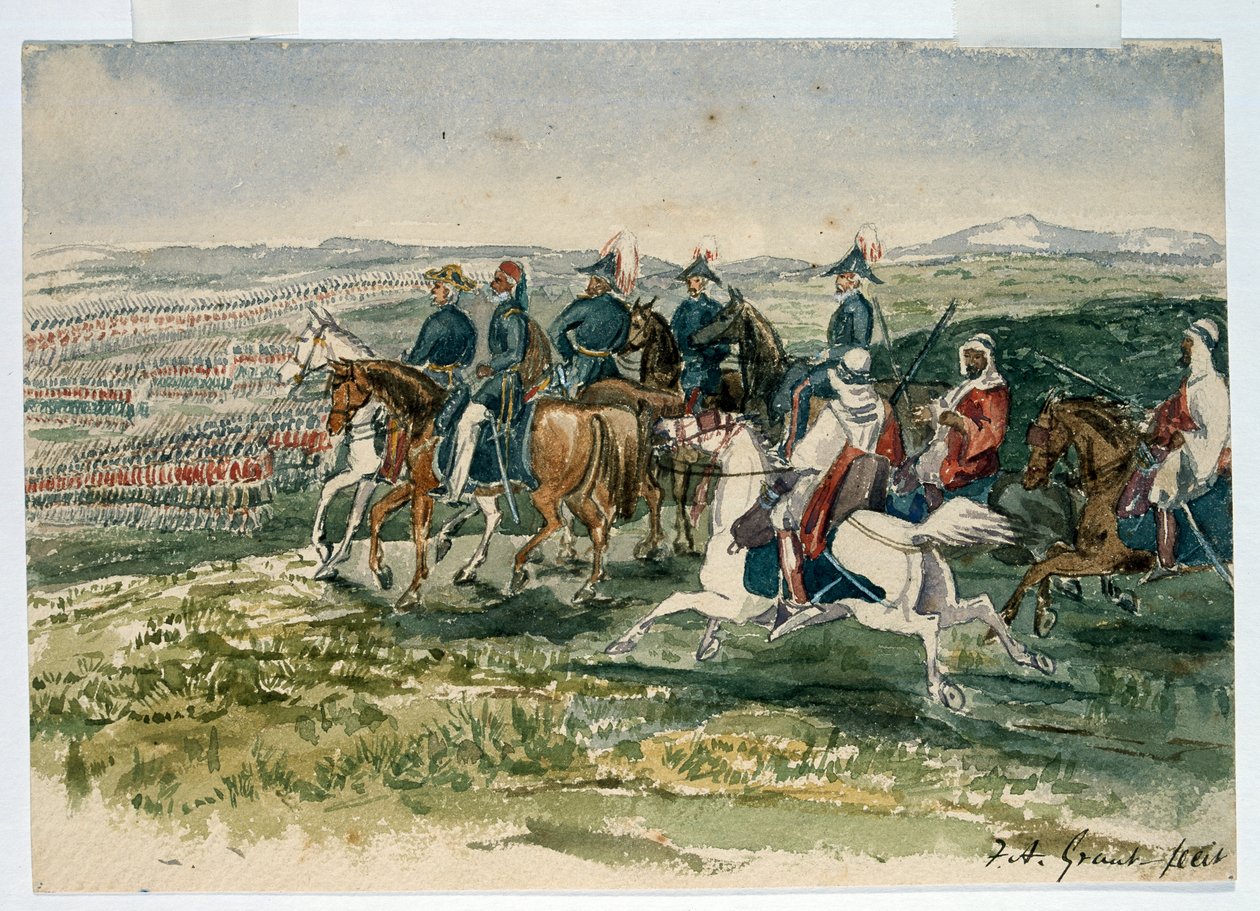 Stráže a Highlanders přijali Omar Pasha a maršál St Arnaud pod velením vévody z Cambridge v Aladynu, 6. července 1854 od Francis Grant