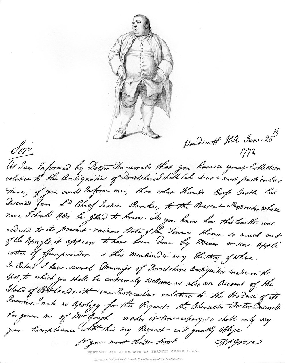 Dopis a portrét Francise Grose, 1772, 1840. od Francis Grose